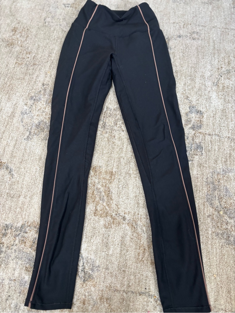 Girls' High-Waist Black Leggings with Tan Side Piping